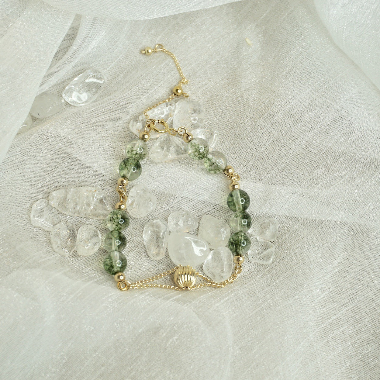 14k Gold Plated Natural Green Ghost Crystal Bracelet