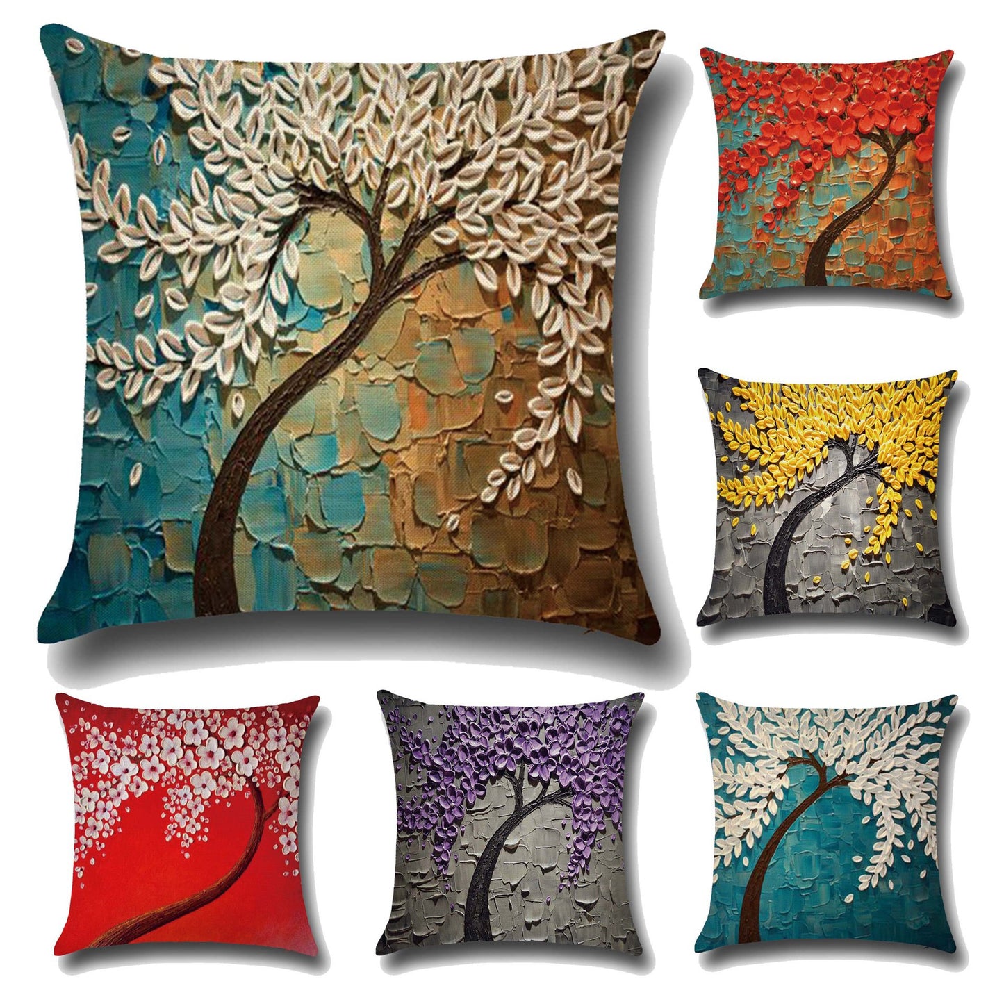 Three-dimensional Oil Painting Trees Flowers Cotton Cushion Cushion Pillowcase
