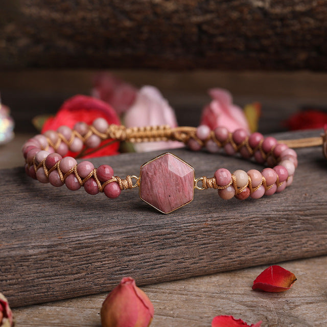 Hexagonal Polygonal Ocean Stone Rhodolite Woven Adjustable Bracelet