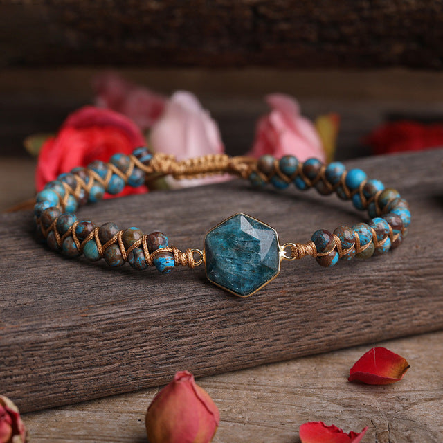 Hexagonal Polygonal Ocean Stone Rhodolite Woven Adjustable Bracelet