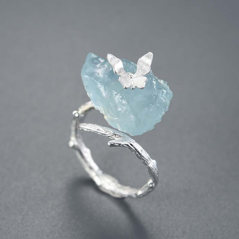 Women's Natural Aquamarine Adjustable Butterfly Ring