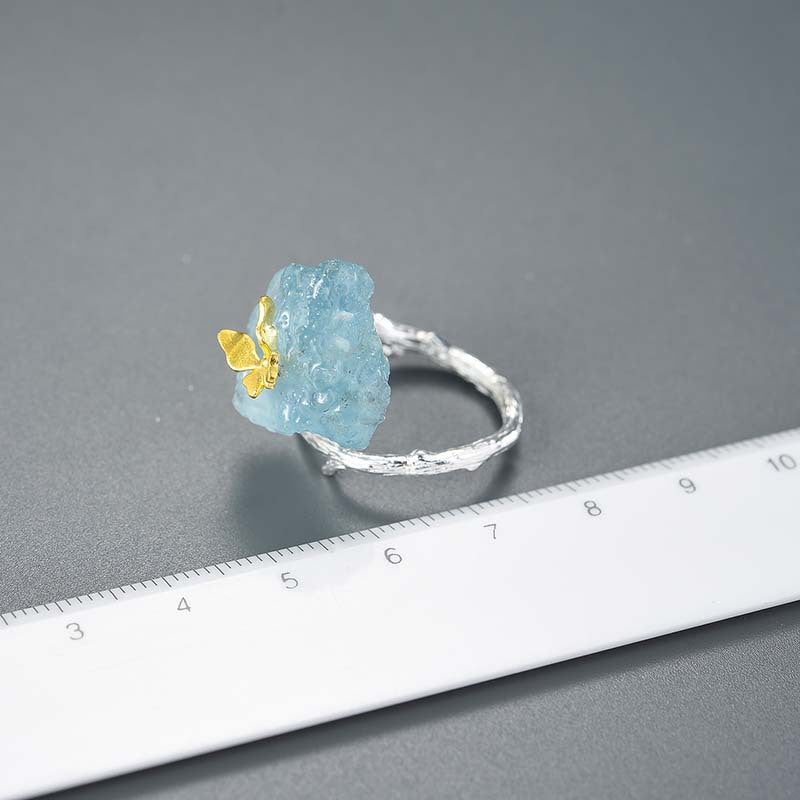 Women's Natural Aquamarine Adjustable Butterfly Ring