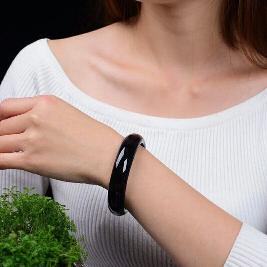 Natural Brazil Black Agate Bracelet Pure Black Obsidian