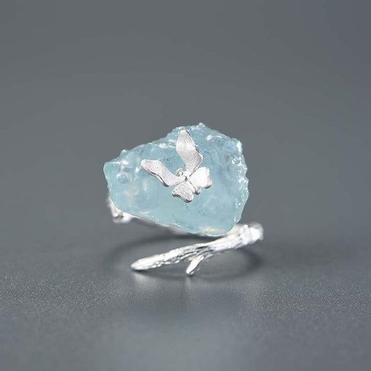 Women's Natural Aquamarine Adjustable Butterfly Ring