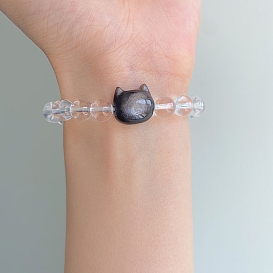Silver Obsidian Cat White Crystal Sweet Cool