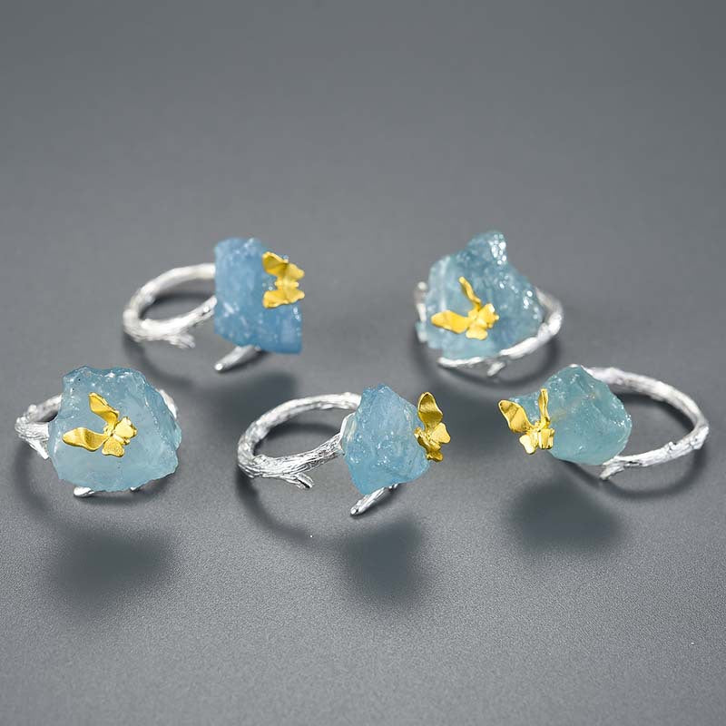 Women's Natural Aquamarine Adjustable Butterfly Ring